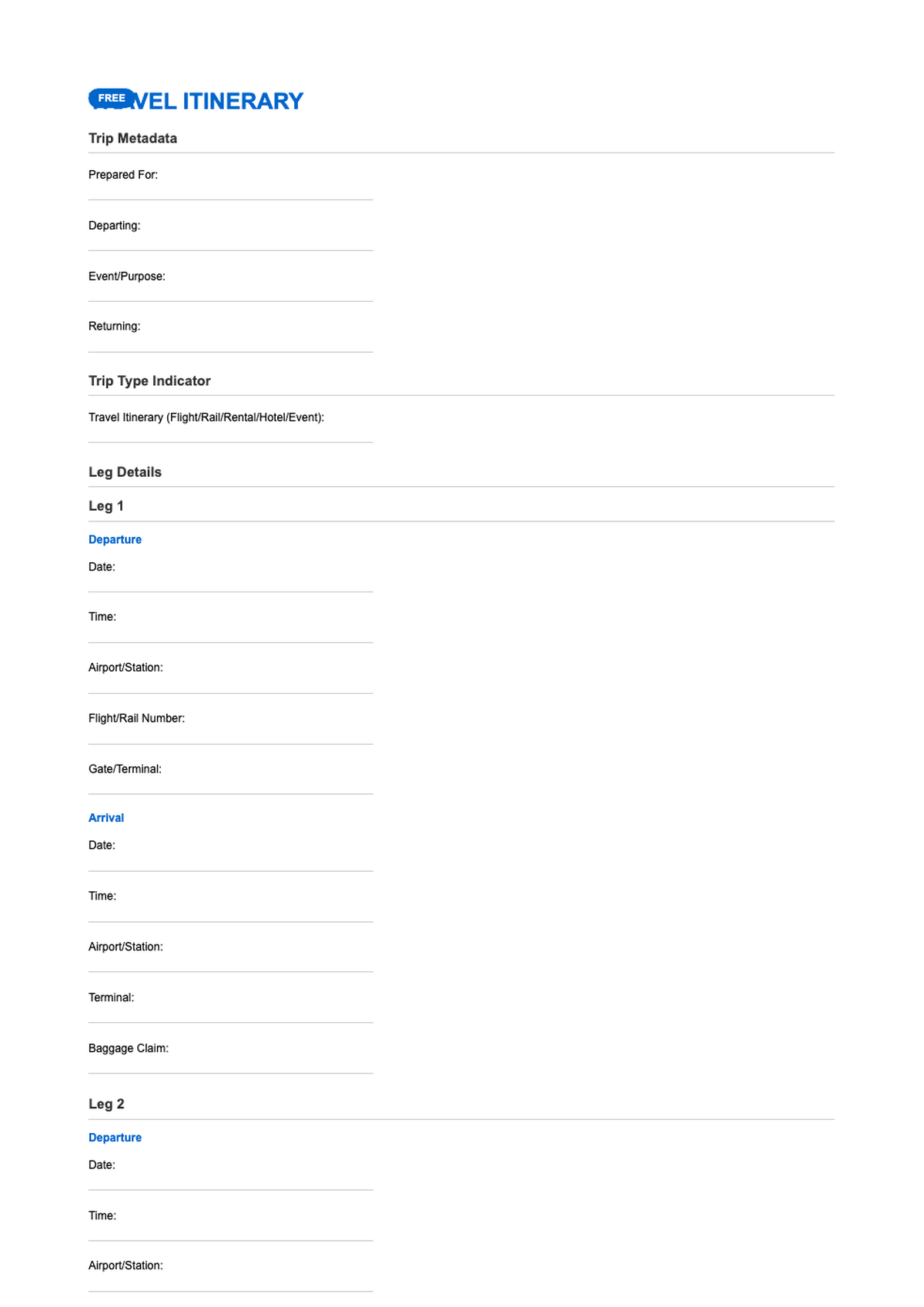 Free printable travel itinerary template with flight and hotel details sections_variant_2